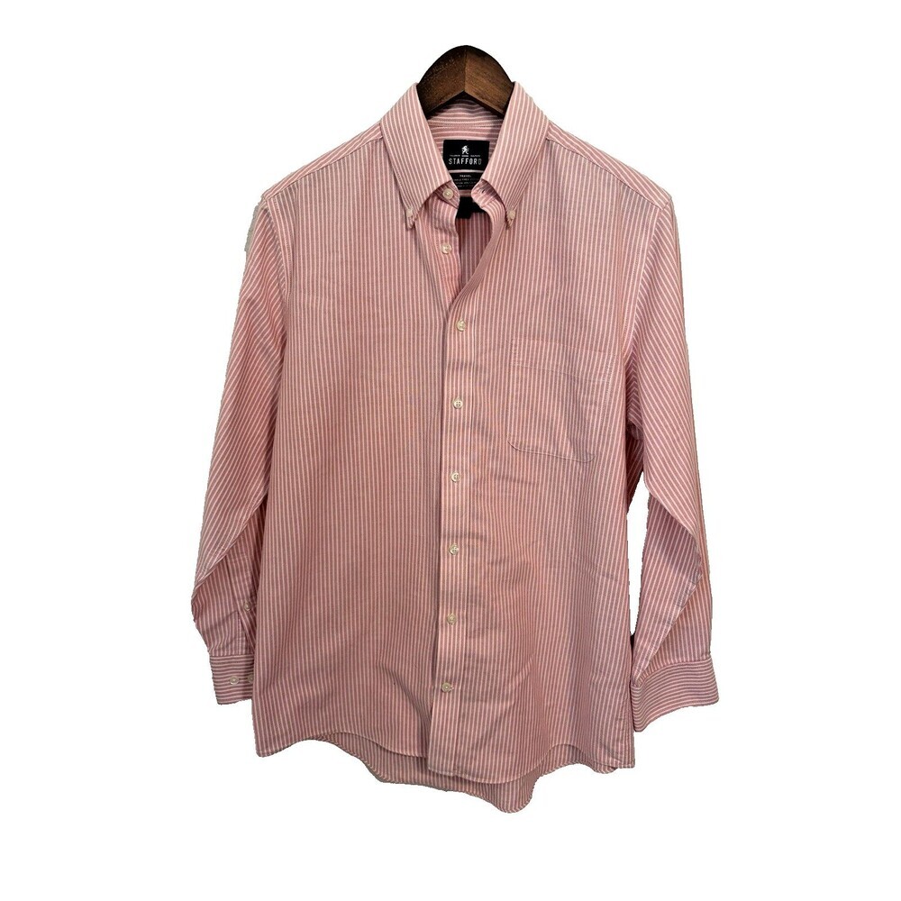 Stafford Men's Travel Dress Shirt 15.5 32/33 Pink Stripe Long Sleeve Button Up